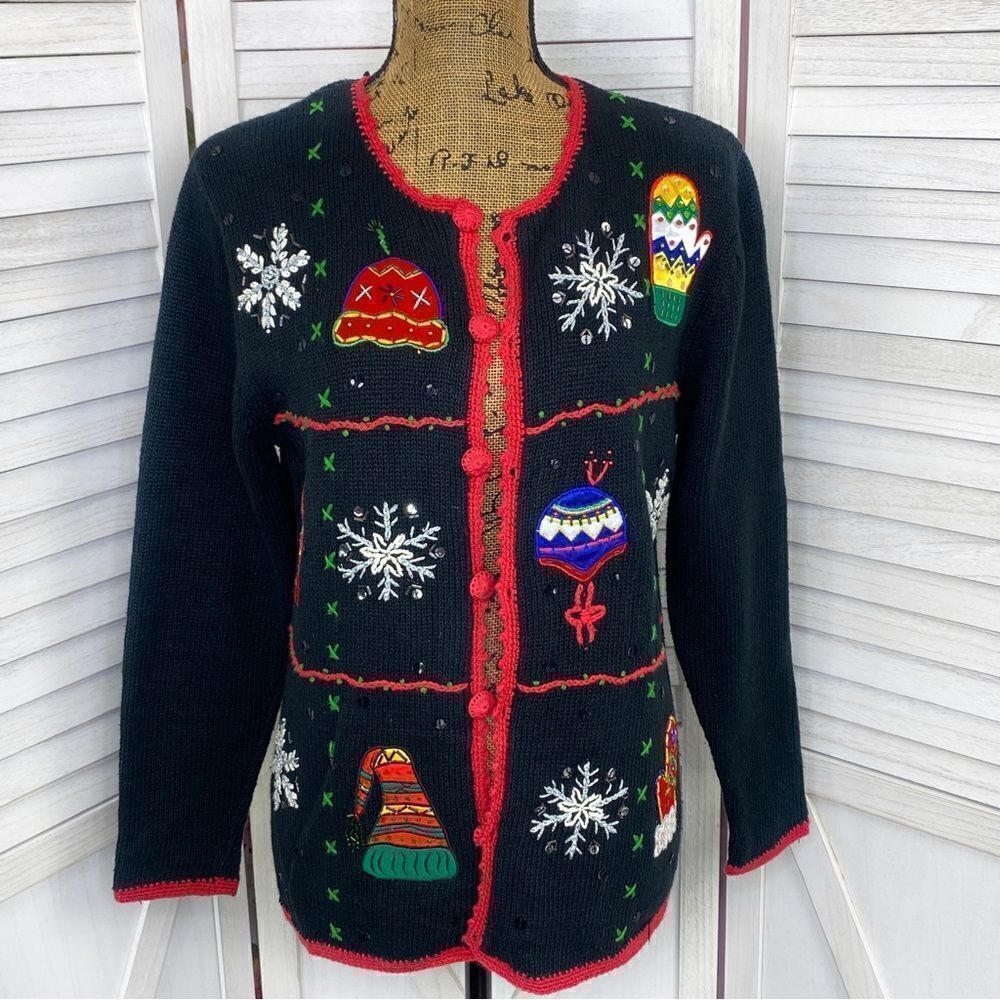 Vintage Cherokee‎ Embroidered Beaded Holiday Cardigan Sweater Black Multi Small